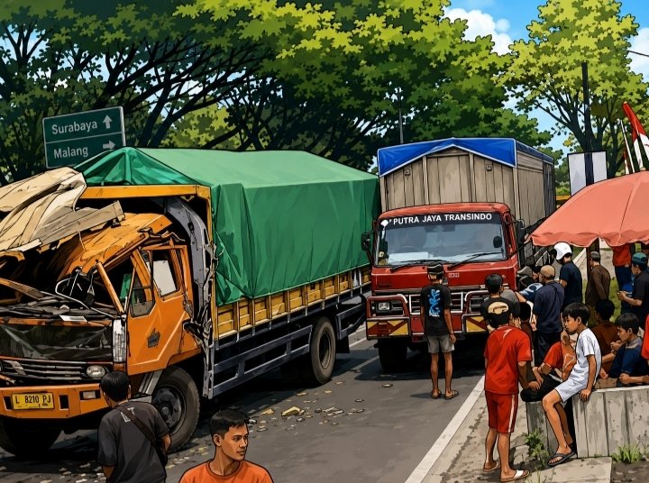 Ngeri! Jalur Malang-Surabaya Mencekam, 4 Truk Tabrakan Beruntun Hingga Sopir Terjepit!