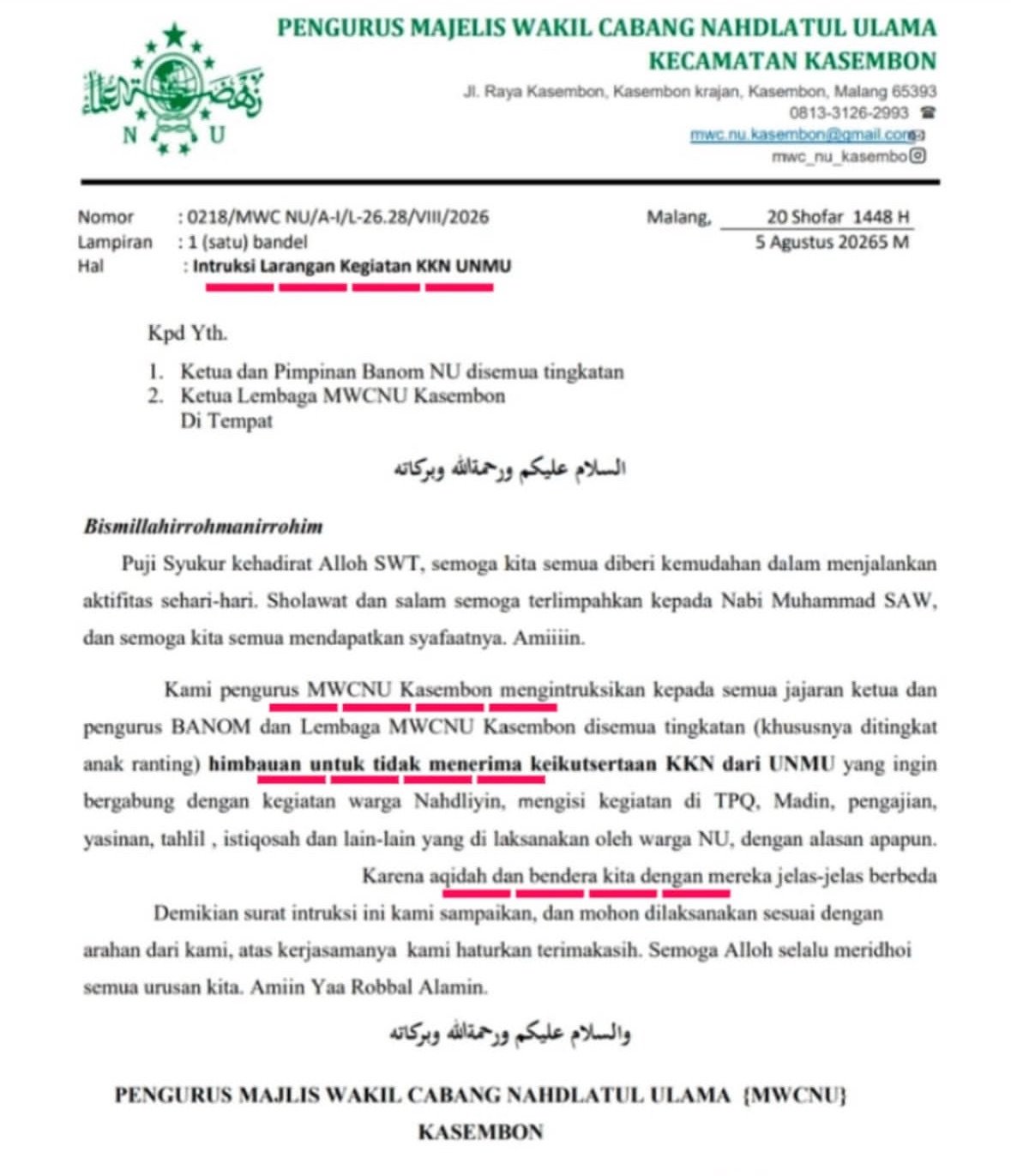 Viral Surat Instruksi MWCNU Kasembon Tolak Mahasiswa KKN UMM!
